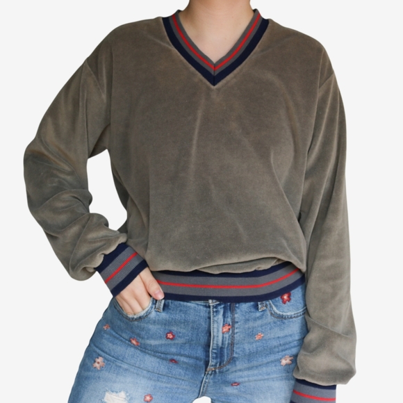 Vintage Tops - Vintage | Campus Velour V Neck Pullover